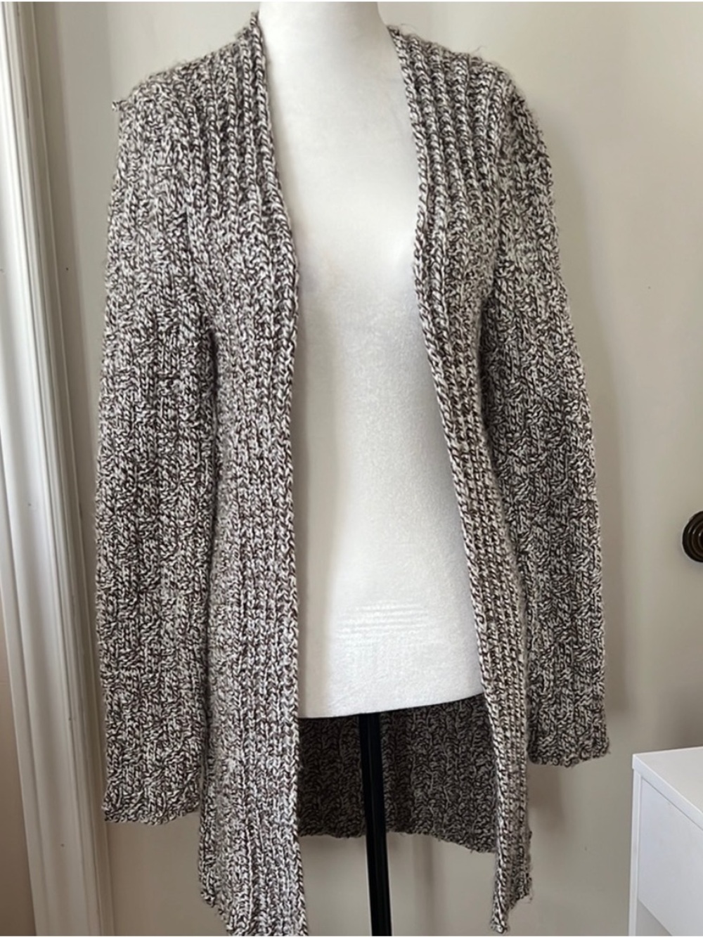 Hand Woven • Women's M • Brown&Cream • Open-Front Marled Cardigan • Cozy •